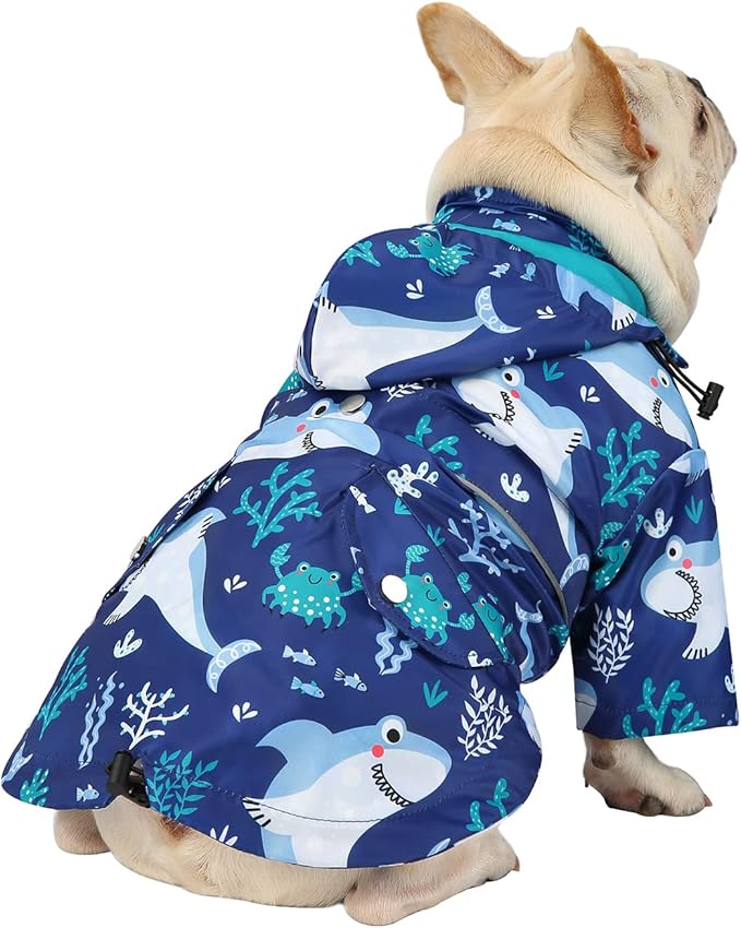 HDE Dog Raincoat Poncho Double Layer Zip Rain Jacket with Removable Hood, Leash Hole for Small to 3XL Dogs and Puppies Sharks - M