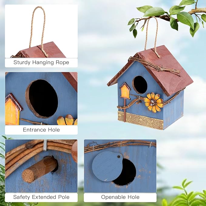 DEWEL Bird Houses for Outside Clearance, Hanging Birdhouses for Outdoors, Garden Wooden Blue Bird Houses for Outdoors, Bird Nesting Box for Bluebird Finch Swallow Wren Chickadee, Gift for Bird Lovers