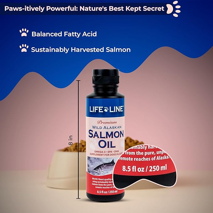 Life Line Wild Alaskan Salmon Oil for Dogs & Cats | Omega-3 Fish Oil with DHA & EPA | Skin & Coat Support | Brain, Heart & Eye Health – 8.5 oz