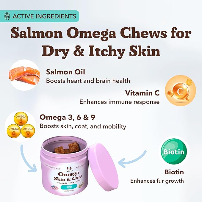 Natural Dog Company Omega Chews for Dogs Skin and Coat Support with Salmon Oil and Fatty Acids, Helps Itchy Skin, Dryness, Shedding, Supports Joints, Heart,Immune System & Overall Health (180 cnt)
