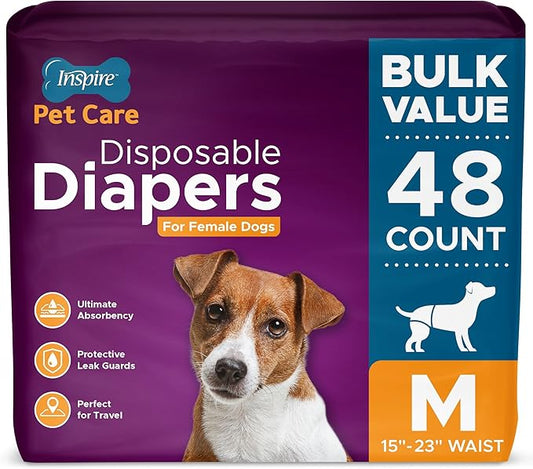 Inspire Pet Care Dog Diapers Female Dogs | Bulk Value Doggie Incontinence, Accidents, for Heat, Pee or Period and Housebreaking (Medium (48 Count))