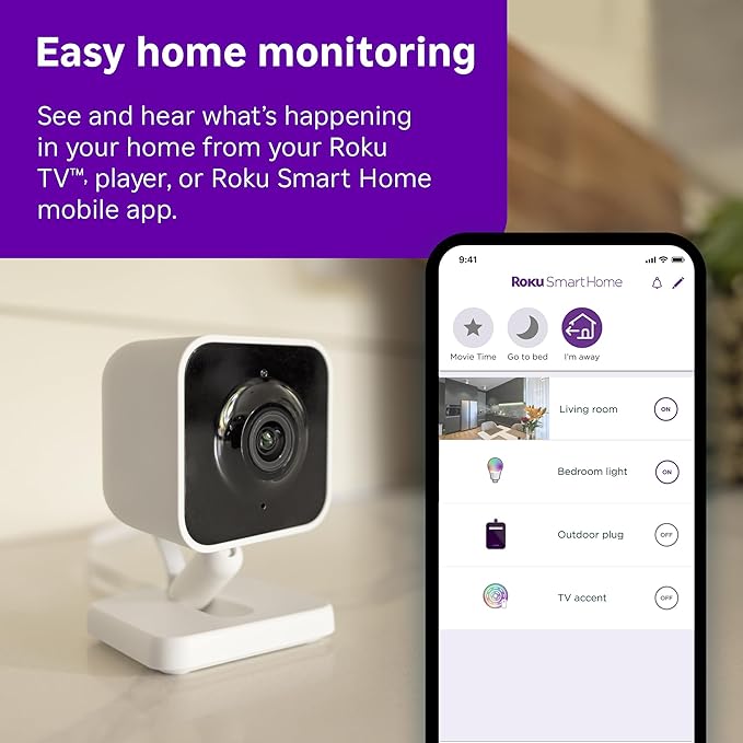 Roku Indoor Camera - Home Security - 1-Pack - Wired Security Camera & Pet Monitor with 1080p HD Color Night Vision, Works with Alexa & Google, Motion & Sound Detection, WDR & WiFi 6