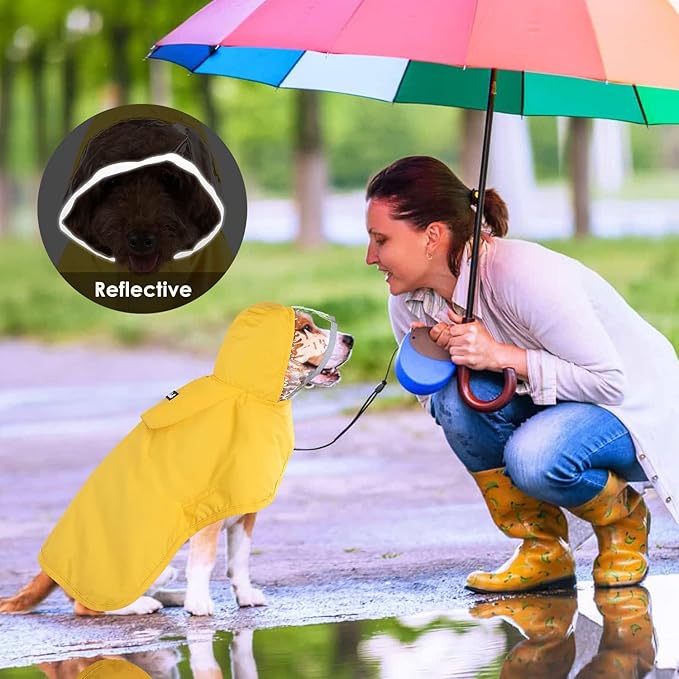 Lukovee Dog Raincoat, Adjustable Dog Rain Jacket with Clear Hooded Double Layer for Large Medium Small Dogs Puppies, Waterproof Rain Coat Poncho with Reflective Storage Pocket & Rim (Yellow, XXL)