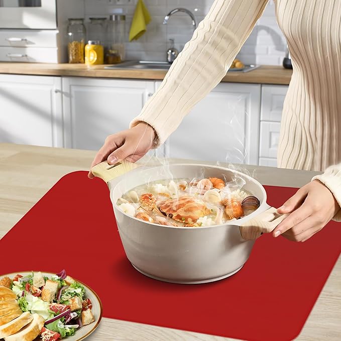 Silicone Mat for Kitchen Counter, Silicone Mat Trimable to Size (Red, 15.7×11.8inch-2pcs), BPA-Free Silicone Placemat, Heat-Resistant NonSlip Table Mat for Air Fryer, Countertop Protector Mat