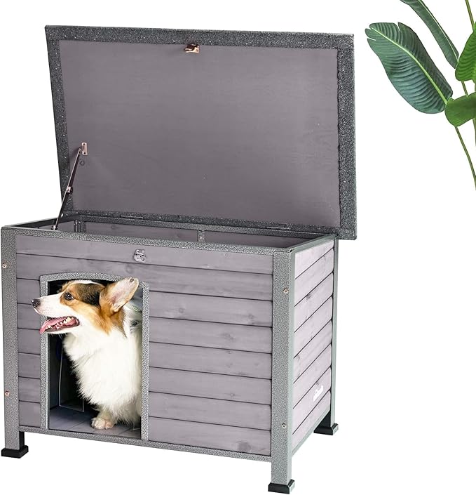Dog House Outdoor Insulated Dog House for Small Medium Dogs, Natural Wood with Iron Frame, Waterproof Roof Raised Feet