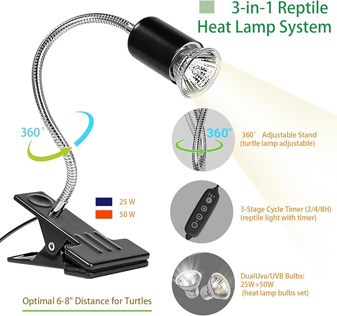 Reptile Heat Lamp with UVA/UVB - 25W & 50W Bulb Kit, 3-Speed Cycle Timer & Adjustable Stand for Turtles/Tortoises/Lizards