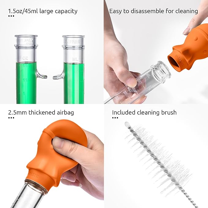 U-Taste Aquarium Pipette Cleaner: 1.5oz Coral Feeder for Fish Tank Cleaning, Manual Feeding Tube, Food Grade Siphon Dropper, Waste Remover with Strong Suction & Stand & Brush (11.98in, Orange)