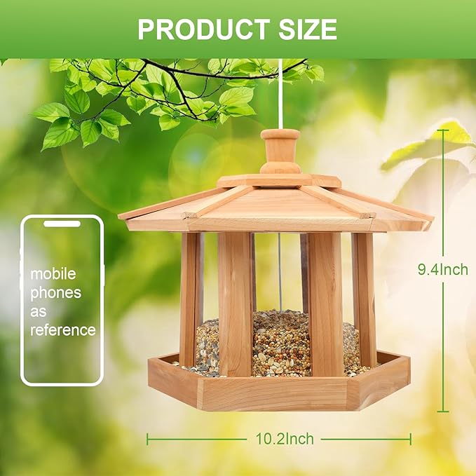 Wooden Bird Feeder for Outdoors Hanging, Red Cedar Hexagon Shaped Large Capacity, Cardinal Birdfeeder for Garden Decoration Yard, Weatherproof and Durable(Large)