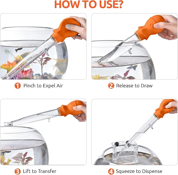 U-Taste Aquarium Pipette Cleaner: 1.5oz Coral Feeder for Fish Tank Cleaning, Manual Feeding Tube, Food Grade Siphon Dropper, Waste Remover with Strong Suction & Stand & Brush (11.98in, Orange)