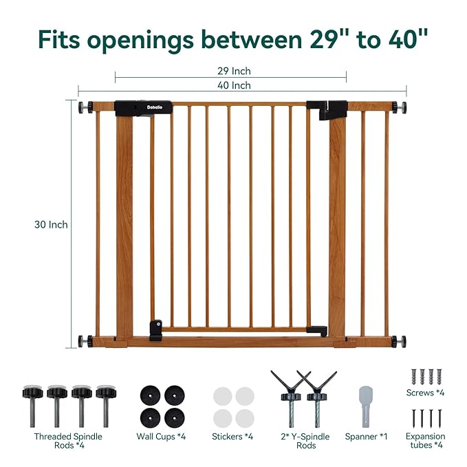 BABELIO 29-40" Metal Baby Gate with Wood Pattern, Auto Close Dog/Pet Door for The House、Stairs and Doorways, Pressure Mounted Barrierr, NO Tools Needed