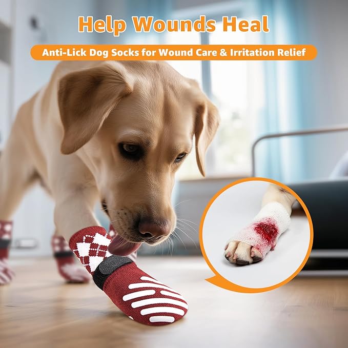 LOOBANI Dog Socks to Prevent Licking Paws - Dog Socks for Hardwood Floors Anti Slip for Traction Control - Dog Grippy Socks for Senior Dog Small Medium Large Dogs on Tile Floors, Red L