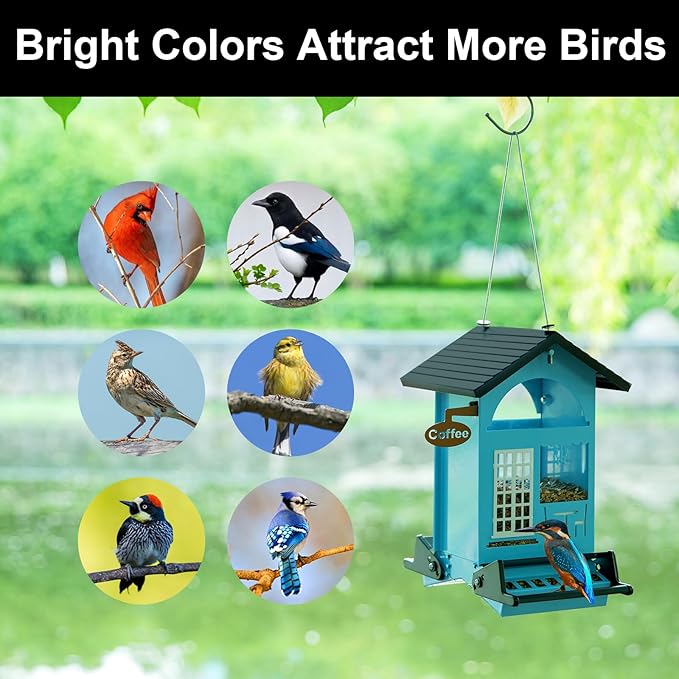 Bird Feeders for Outdoors Squirrel Proof Hanging Metal Bird House Feeder for Outside Anti Squirrels for Wild Birds Cardinal Finch Chickadee 5 LB Large Capatial Heavy Duty & Dualbe, SkyBlue
