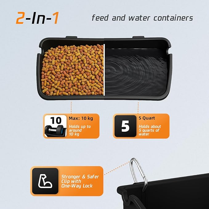 Hanging Chicken Feeder Troughs (2Pack, 5 Qt) – Durable Black Plastic Poultry Feed & Water Buckets with Metal D‑Clips, Multi‑Animal Goat, Sheep, Duck, Pig, Horse, Chicken Coop Feeder