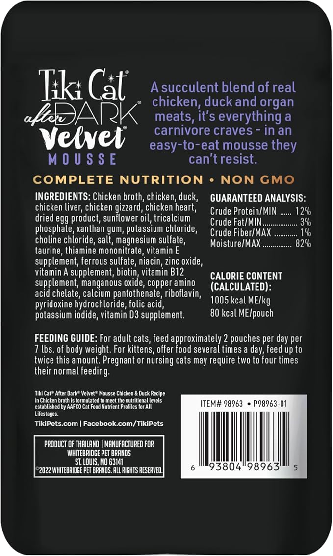 Tiki Cat After Dark, Velvet Mousse, Chicken & Duck Recipe in Chicken Broth, Grain & Potato Free Formula, with High Protein & Nutrient Dense Blended Irresistible Organ Meat, 2.8 oz. Pouch (12 Count)