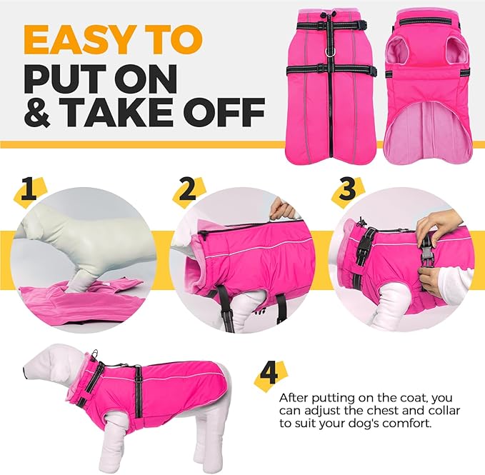 Lelepet Dog Winter Coat Waterproof Dog Jacket with Harness Built in Windproof Reflective Pet Coats for Small Medium Large Dogs, Thermal Fleece Lined Coats for Cold Weather Walking Hiking, Rose Red, L