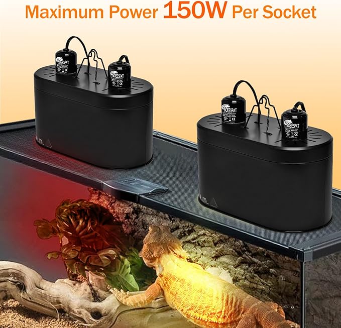 Dual Reptile Reflector Dome Lamp Fixture Cap with Separate Switches for Reptile & Amphibian Habitat Terrariums (Max 150W)