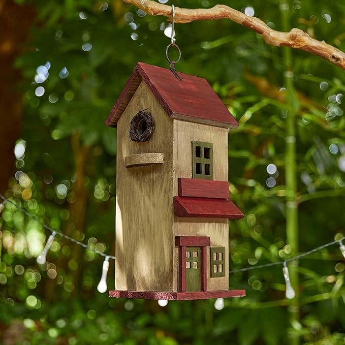 Glitzhome Birdhouses for Outdoors, Rustic 14.25" H Large Bird Houses for Outside, Distressed Painted Bird House Solid Wood Cottage Decorative Hanging Birdhouse for Outdoor Patio Garden,Washed Yellow
