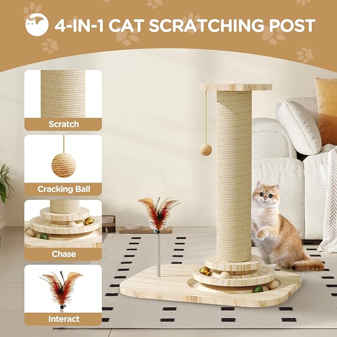 Cat Scratching Post, Scratching Post with Vertical Scratcher and Tracking Interactive Toy for Kittens