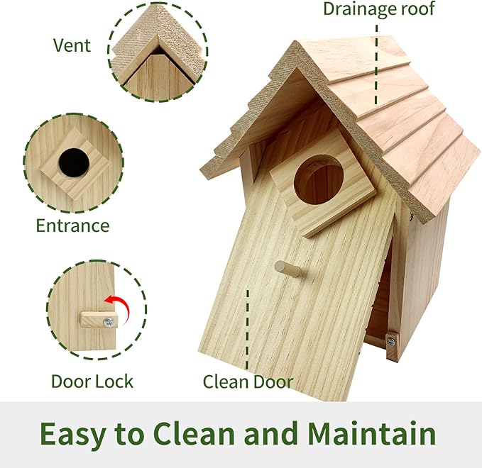 Wood Bird Houses for Outside, No Assembly Required, Bluebird Houses for Outside, Hummingbird Houses for Outside, Easy to Clean, Wooden Bird Houses with Perches for Bluebirds, Hummingbirds, Wrens