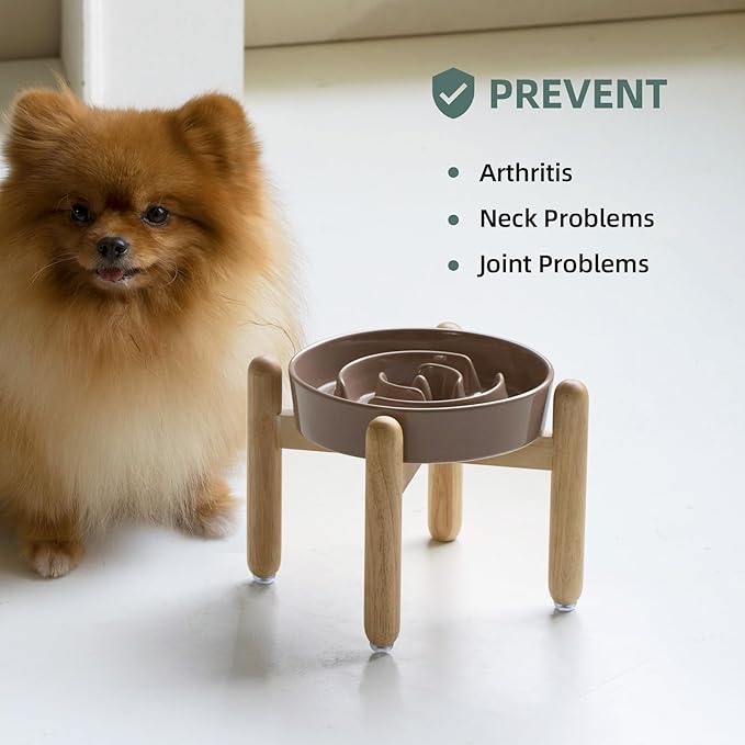 7.3inch Ceramic Raised Slow Feeder Dog Bowl Set, Elevated Wooden Stand for Medium and Small Dog, Puzzle Slow Food Dish, Preventing Choking(Brown Coffee, Single Bowl+ Stand)