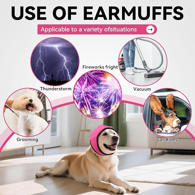 Dog Ear Covers for Bath, Dog Ear Muffs Noise Protection, Elastic Waterproof Ear Protector with Calming Hoodie Design for Fireworks, Vet Visits, Grooming (Rose, Small)