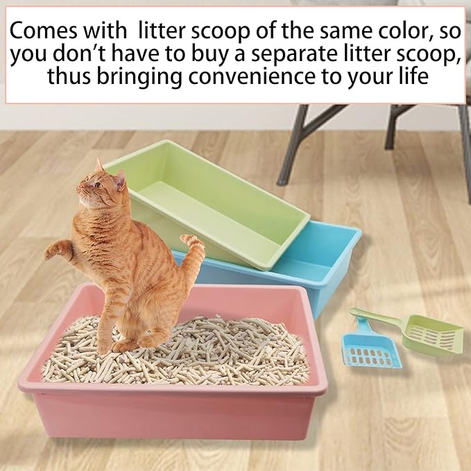 Kathson 3PCS Medium Open Cat Litter Box with Scoop, Durable Non-Stick Plastic Litter Pan for Cats, Puppies, Bunnies, and Small Animals, 15 x 11 x 4 Inches