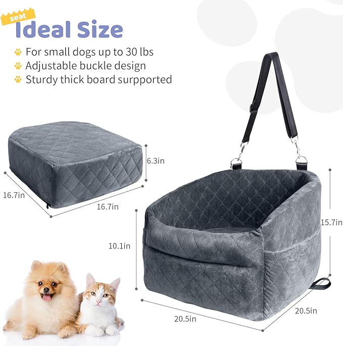 Dog Car Seat for Small/Medium Dogs, Upgrade Dog Booster Seat,Detachable and Washable Pet Car Seats with Thick Cushion Safety Leash and Storage Pockets(Grey)