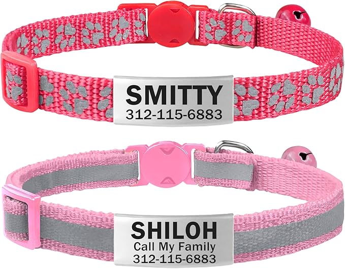 TagME 2 Pack Cat Collar with Name Tag, Personalized Reflective Cat Collar Breakaway with Bell for Boy & Girl Cats, Pink