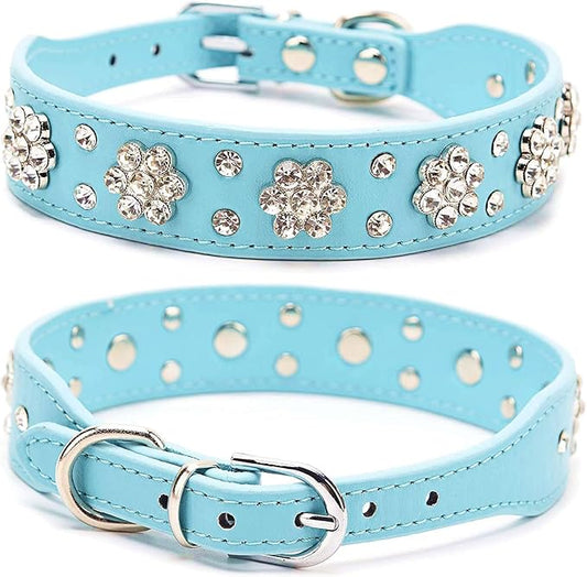 Rhinestone Dog Collar, Cute Flower Rhinestone Bling Collar PU Leather Adjustable Sizes Small Medium Large (M, Light Blue)