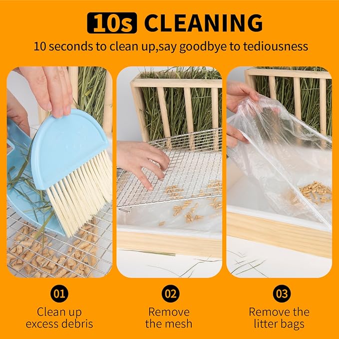 3 in 1 Rabbit Hay Feeder with Litter Box,Upgraded Wooden Hay Feeder Set for Guinea Pig Chinchilla Bunny Other Small Animals,Quick Cleaning & Large Capacity & Preventing Waste