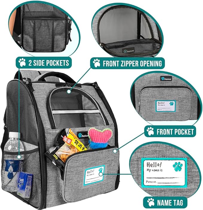 PetAmi Dog Backpack Carrier for Small Large Cat, Pet, Puppy, Ventilated Pet Hiking Backpack Travel Bag, Airline Approved Cat Backpack Carrier, Camping Biking Dog Bag Up to 18lbs Pet, Grey