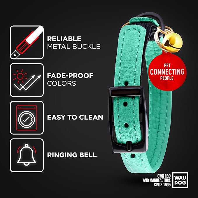 Leather Cat Collar with Bell and Safety Elastic Strap Breakaway Alternative for Small & Large Kittens, Stylish Pet Leather Collar for Boy, Girl Cats with Metal Buckle & QR ID Tag (Mint)