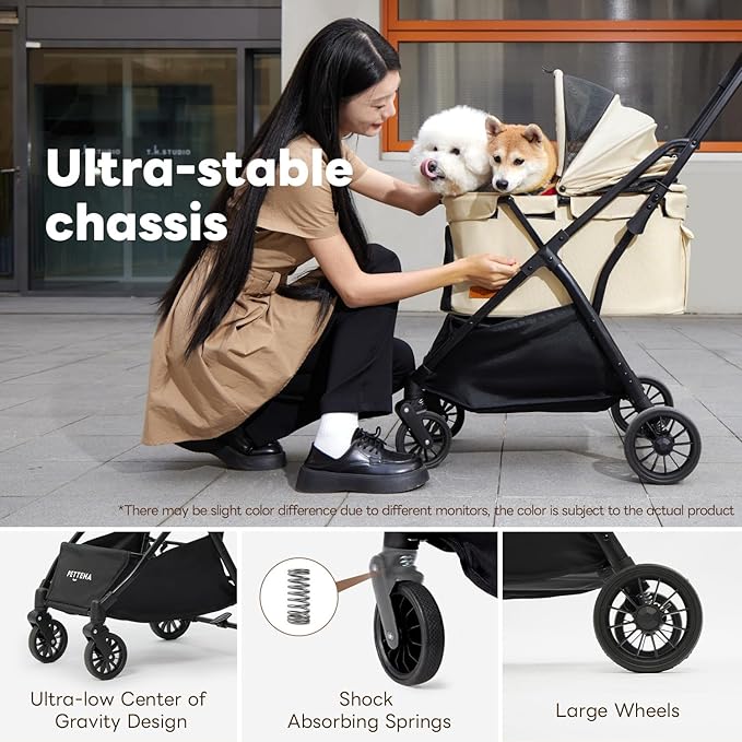 【One-Pull Open Ver.】 PETTENA Dog Stroller for 2 Dogs, One-Touch Foldable Dog Stroller for Small/Medium Dogs Cats up to 44 Lbs, Khaki