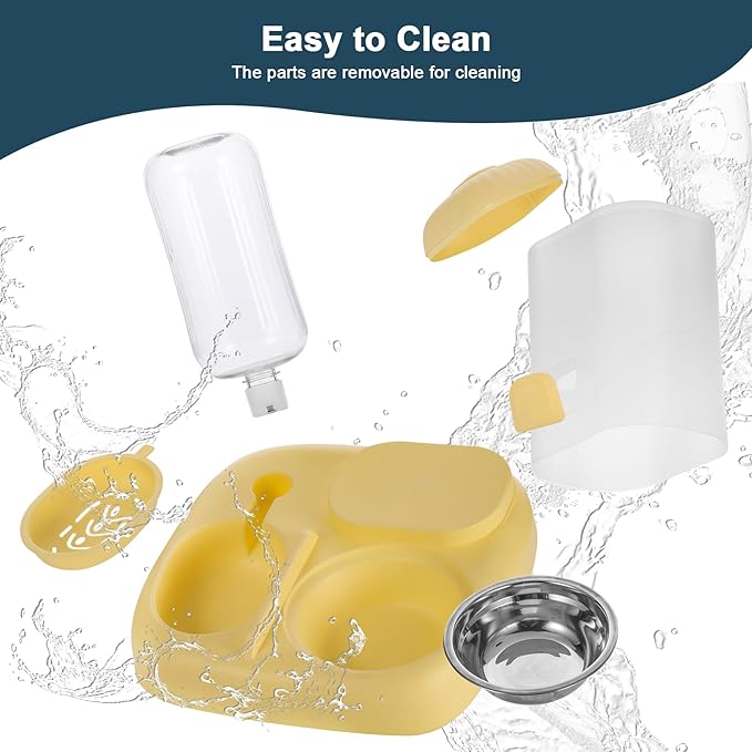 Automatic Cat Feeder Water Dispenser with Stainless Steel Bowl, 2 in 1 Gravity Cat Feeder Large Capacity Dispenser for Pet Dogs Puppy Kitten (Yellow)