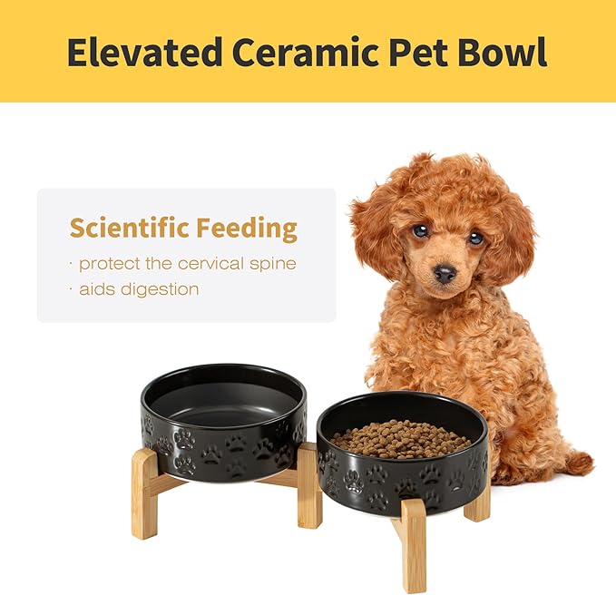 5.1" Raised Ceramic Pet Bowl Set, 1.6 Cup Two Dog Dishes with 2-Height Adjustable Stand,Elevated Food & Water Bowls for Toy Breed Dogs, Protects Cervical Spine (Double Bowls + Stand - Black, 5.1 inch)