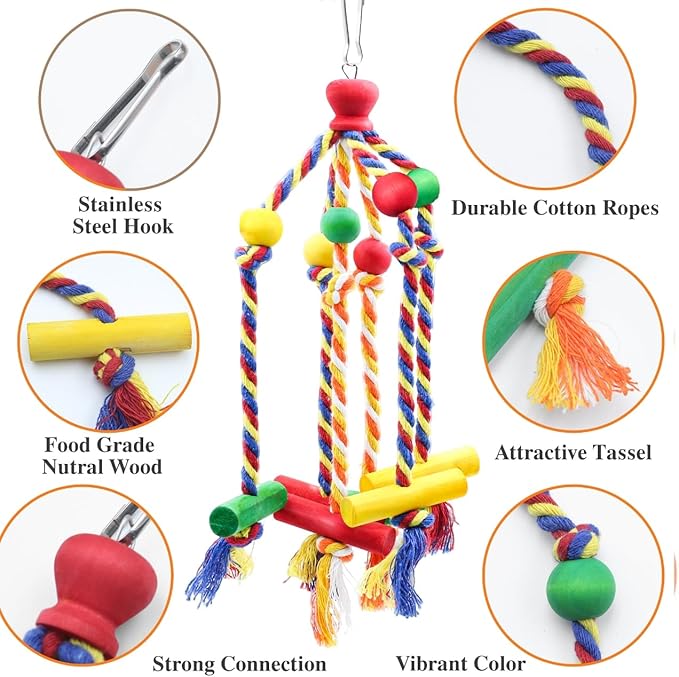 2 Pack Dangly Rope Bird Toys, Parakeet & Conure Toys with Multicolored Natural Wood, Chewing Toy Hanging Bird Cage Accessories for Parakeet Conure Cockatiel Parrot Lovebird