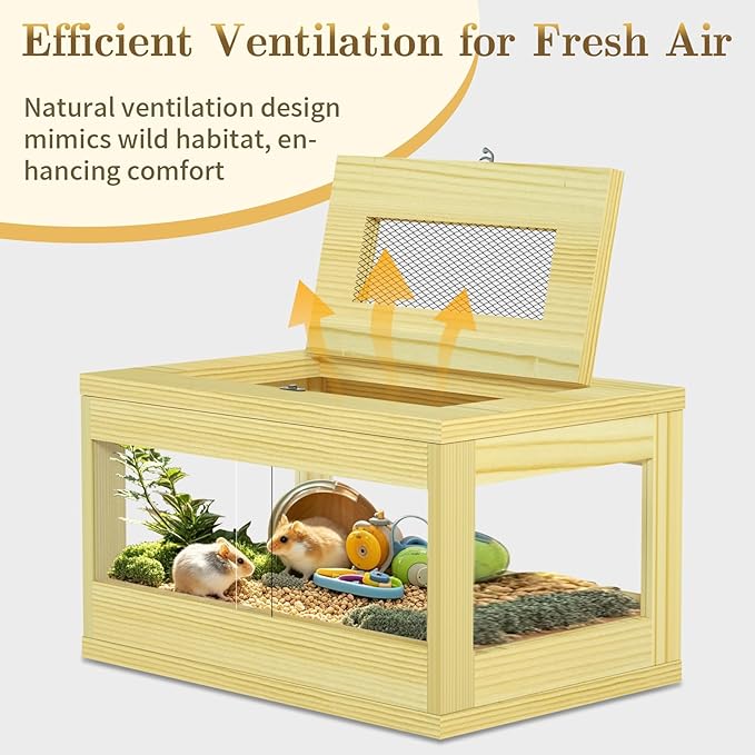 Mini Hamster Cage, Solid Wood Gerbil Cage, Chewproof Hamster Cages and Habitats, Sliding Doors, Top Ventilation Window, Guinea Pig Cages for Small Animals, Dwarf, Syrian, Mice, 20" x 12" x 10"