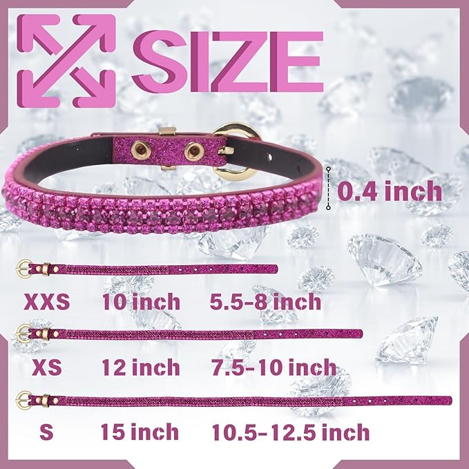 PEARLY JUN Rhinestone Dog Collars for Small Dogs Cat, XXS Fuchshia Bling Diamond Cat Collar Cute Luxury Crystal Pet Puppy