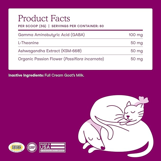 Fera Pet Organics Calming Goat Milk Cat & Dog – Vet Created - Pet Anxiety, Stress & Hyperactivity - Ashwagandha Supplement with GABA-60 Servings