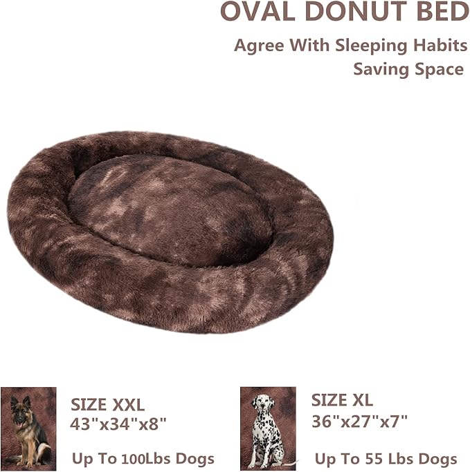 Coohom Oval Calming Donut Cuddler Dog Bed,Shag Faux Fur Cat Bed Washable Round Pillow Pet Bed(30"/36") for Small Medium Dogs (XXL(43"x34"x8"), Brown2021)