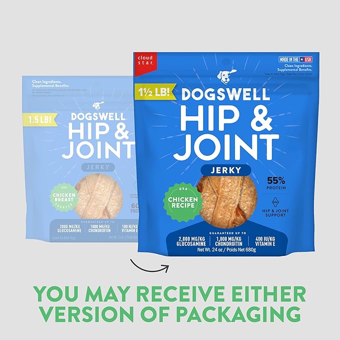 Dogswell Jerky Hip and Joint Dog Treats Grain Free Made in USA Only, Glucosamine and Chondroitin, 24 oz Chicken