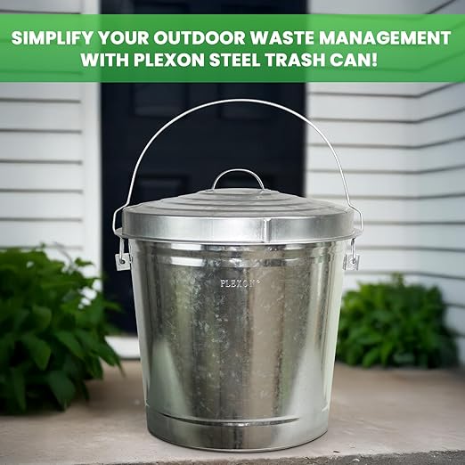 Plexon 10 Gallon Trash Can with Lid Galvanized Metal Bucket with Locking Lid for Poultry Feed Bird Seed Storage Ash Small Garbage Can, 6 Pack