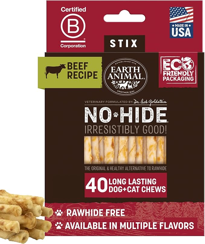 Earth Animal No-Hide Stix Beef Recipe Natural Rawhide Alternative Dog & Cat Chews - 40 Count Extra Value Pack