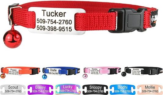 GoTags Personalized Cat Collars with Tag, Engraved Custom Cat Collar with Name and Phone, Breakaway Collar with Safety Buckle and Bell, Adjustable for Cats and Kitten (Red with Nameplate)