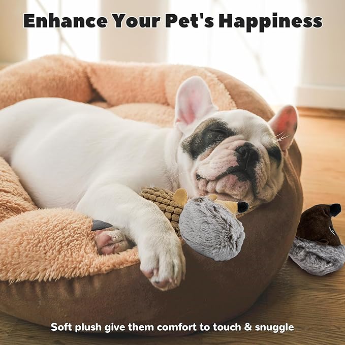 Crinkle Dog Toys Squeaky Plush No Stuffing Cute Puppy Stuffless Tough Rop Pull Toy, Fun Dog Stuffed Animals Durable Chew Set for Small Medium Large Pup (Large, Dark Brown+Brown Squirrel)