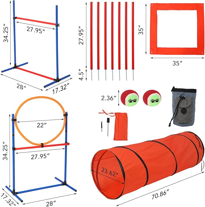 Dog Agility Training Equipment, Perfect Obstacle Course Backyard Set with Tunnel, 2 Agility Hurdle, 8 Weave Poles, Jump Ring, Pause Box, Toy Balls and Storage Bag, Dog Outdoor Game Sets (87 PCS)