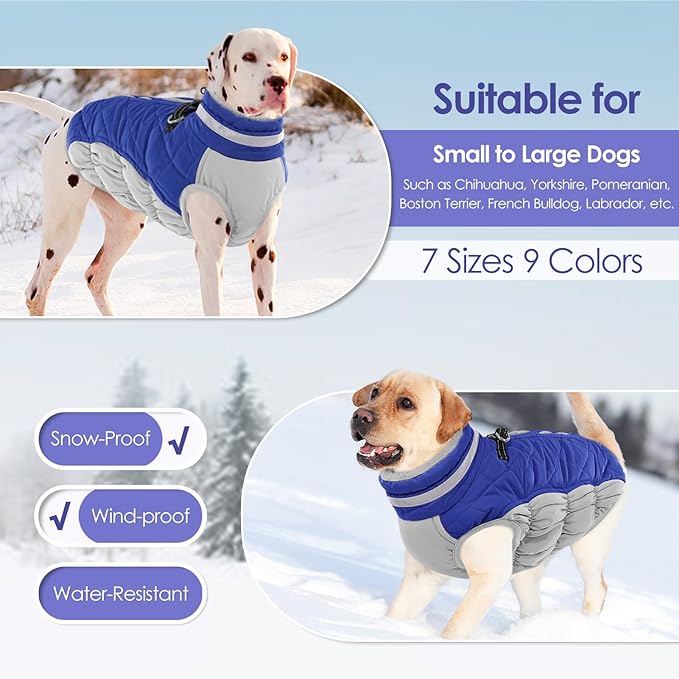 AOFITEE Dog Coat, Warm Dog Winter Coat for Large Dogs, Reflective Turtleneck Dogs Jacket with Harness Built in, Waterproof Windproof Pet Puffer Jacket Fleece Vest for Cold Weather, Blue XXXL