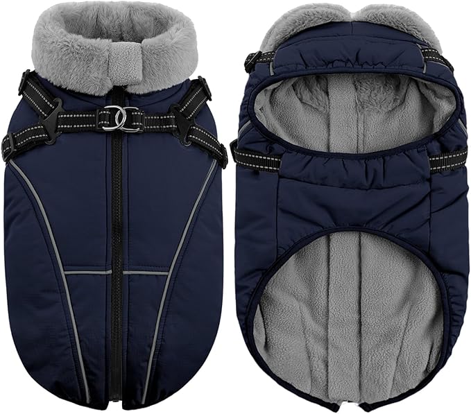 Queenmore Large Dog Coat, Dog Jacket for Extra Large Dogs with Harness Built in, Reflective Waterproof Dogs Jackets with Fleece Lining,Warm Snowsuit Pet Sweater for Doberman,Labrador,Navy Blue,XXL