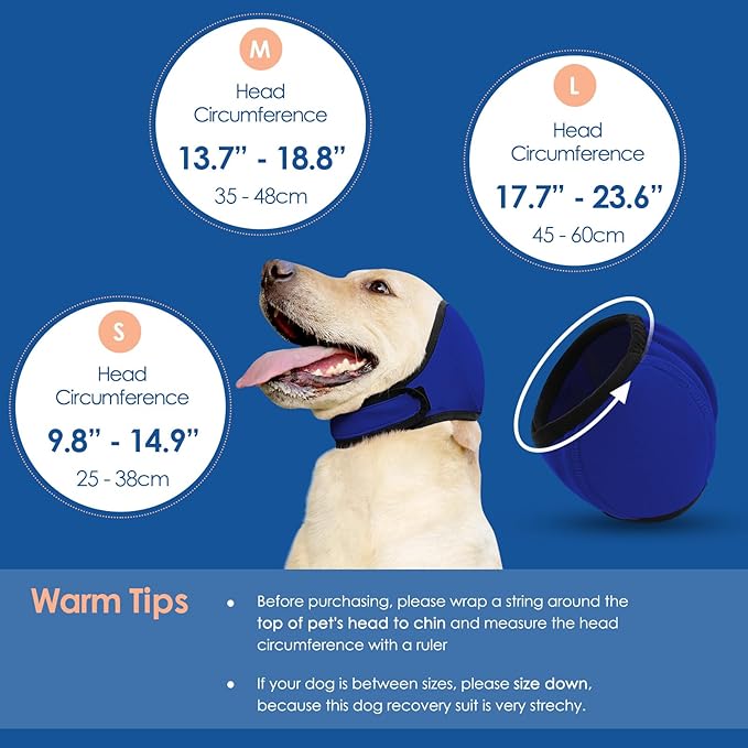 SUNFURA Dog Calming Hoodie - Anxiety Relief Quiet Ears for Dogs, Dog Ear Muffs Cover Noise Protection, No Shake Head Wraps Hematoma for Grooming, Force Drying, Bath, Blue M