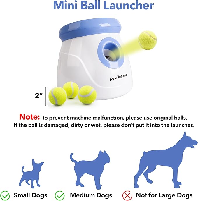 PetPrime Dog Automatic Ball Launcher Dog Interactive Fetch Toy Pet 2'' Thrower Throwing Game 3 Tennis Balls Tennis Mini Size Ball Launcher for Dogs Included Launch Distance 10-30ft